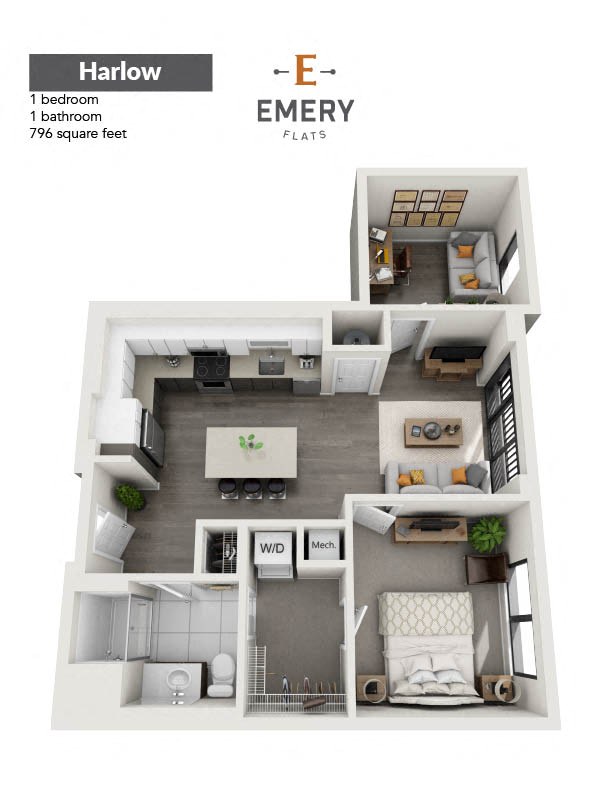 Floor plan for 1 bed, 1 bath, 796 sqft